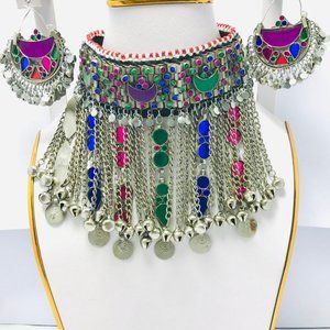 Afghan Multicolor Jewelry Set, Ethnic Silver Kuchi Handmade Tribal